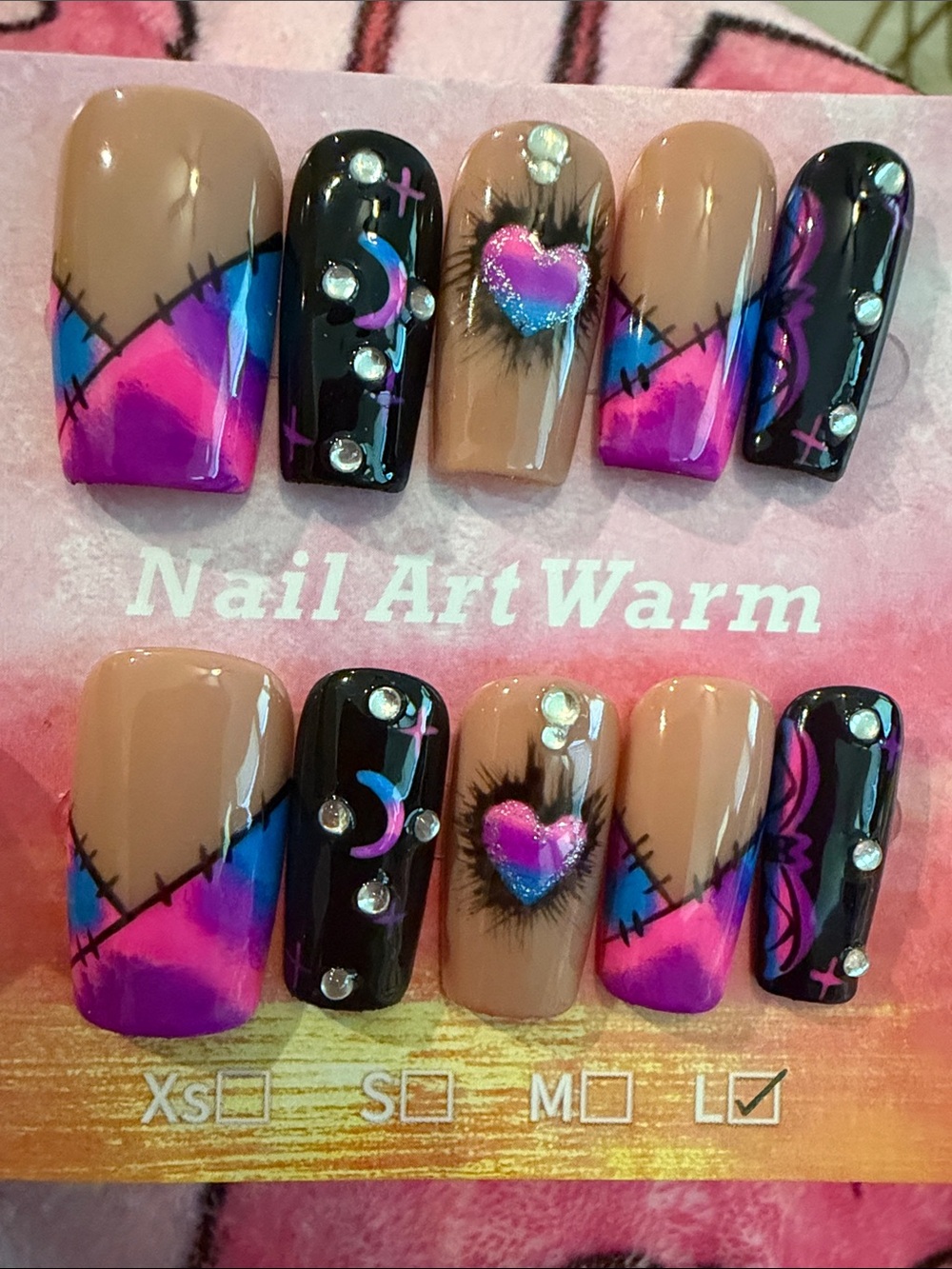Beige Pink & Black handmade acrylic Press-On Nail Set